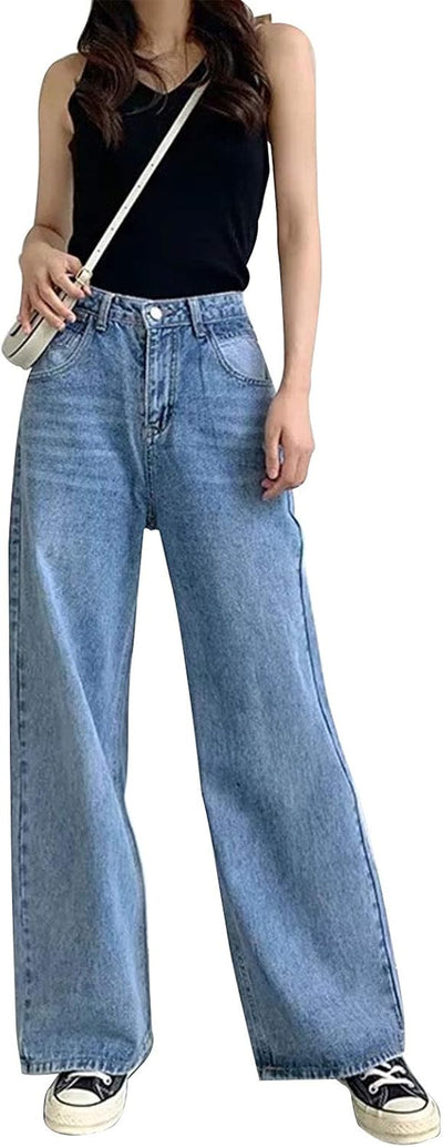 Womens Wide Leg Ripped Boyfriend Jeans High Waist Baggy Flare Casual Denim Pants Trousers (1-Blue, L)