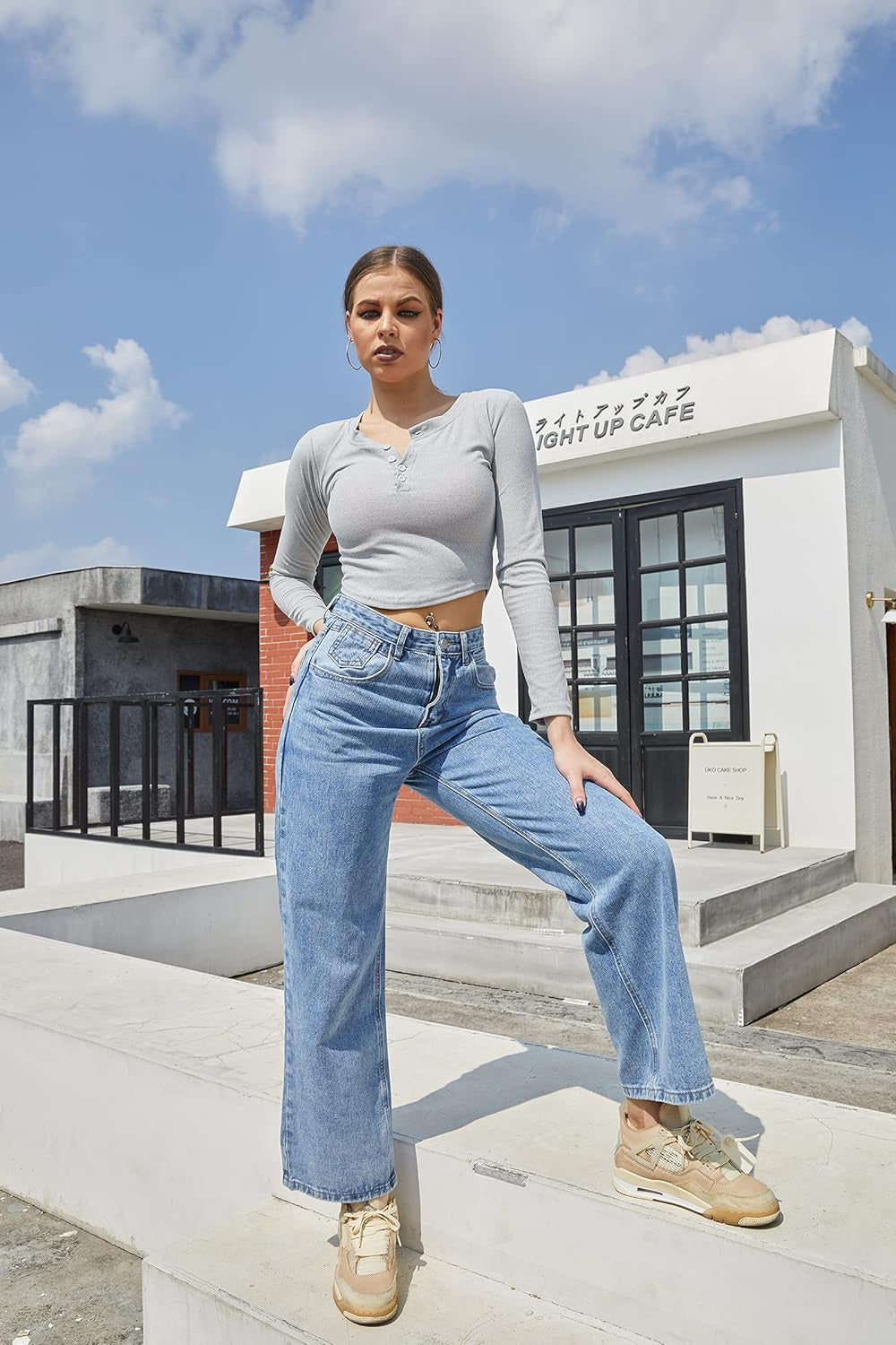 Womens Wide Leg Ripped Boyfriend Jeans High Waist Baggy Flare Casual Denim Pants Trousers (1-Blue, L)