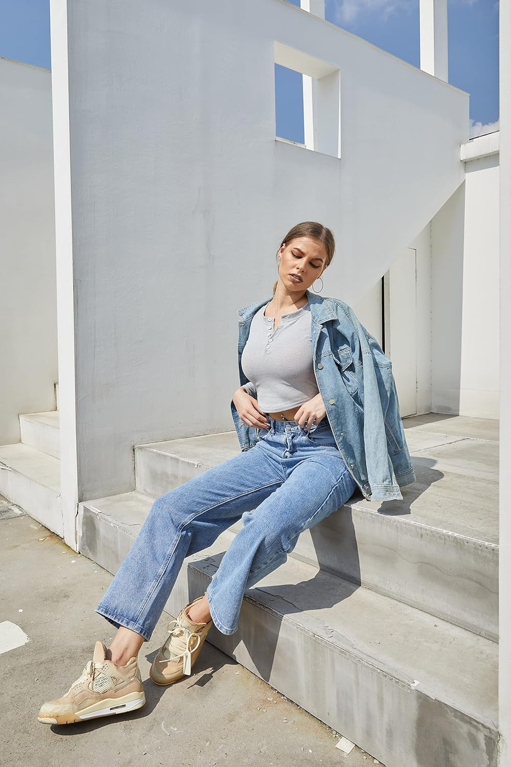 Womens Wide Leg Ripped Boyfriend Jeans High Waist Baggy Flare Casual Denim Pants Trousers (1-Blue, L)