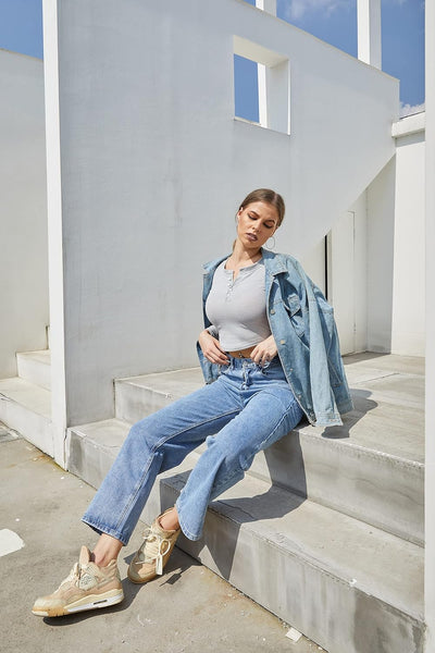 Womens Wide Leg Ripped Boyfriend Jeans High Waist Baggy Flare Casual Denim Pants Trousers (1-Blue, L)