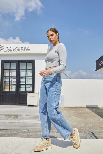 Womens Wide Leg Ripped Boyfriend Jeans High Waist Baggy Flare Casual Denim Pants Trousers (1-Blue, L)
