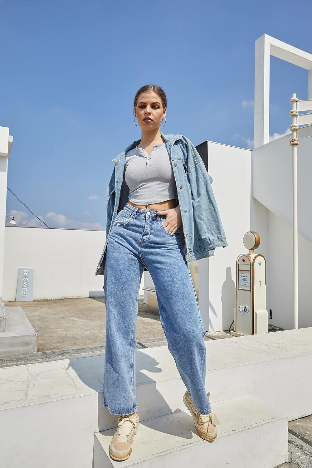 Womens Wide Leg Ripped Boyfriend Jeans High Waist Baggy Flare Casual Denim Pants Trousers (1-Blue, L)
