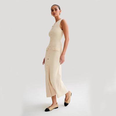 Elegant Knitted Sleeveless Dress with Single Breast Fashion Slim round Neck Long Dresses Womens Clothing