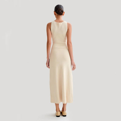 Elegant Knitted Sleeveless Dress with Single Breast Fashion Slim round Neck Long Dresses Womens Clothing