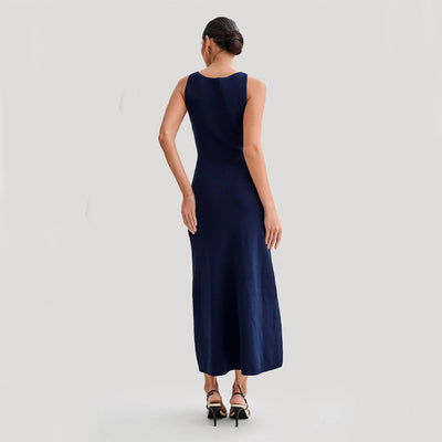 Elegant Knitted Sleeveless Dress with Single Breast Fashion Slim round Neck Long Dresses Womens Clothing