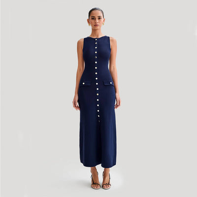 Elegant Knitted Sleeveless Dress with Single Breast Fashion Slim round Neck Long Dresses Womens Clothing